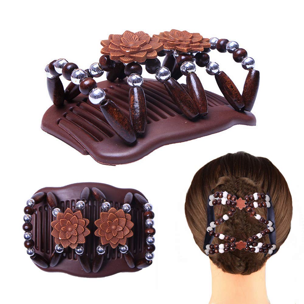 SANNIDHI 4Pcs Magic Hair Side Combs for Women Wood Beaded Hair Clips Stretch Double Hair Side Combs Clips Bun Maker Hair Accessories SANNIDHI 4Pcs Magic Hair Side Combs for Women Wood Beaded Hair Clips Stretch Double Hair Side Combs Clips Bun Maker Hair Accessories